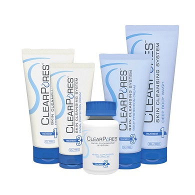 bottle and tubes of clearpores for acne