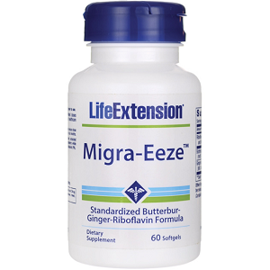 bottle of Life Extension Migra-Eeze Standardized Butterbur-Ginger- Riboflavin Formula