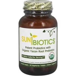 bottle of Sunbiotics Potent Probiotics with Organic Yacon Root Prebiotics