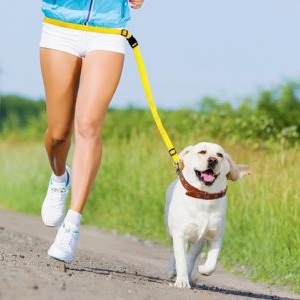 woman and dog running outdoors